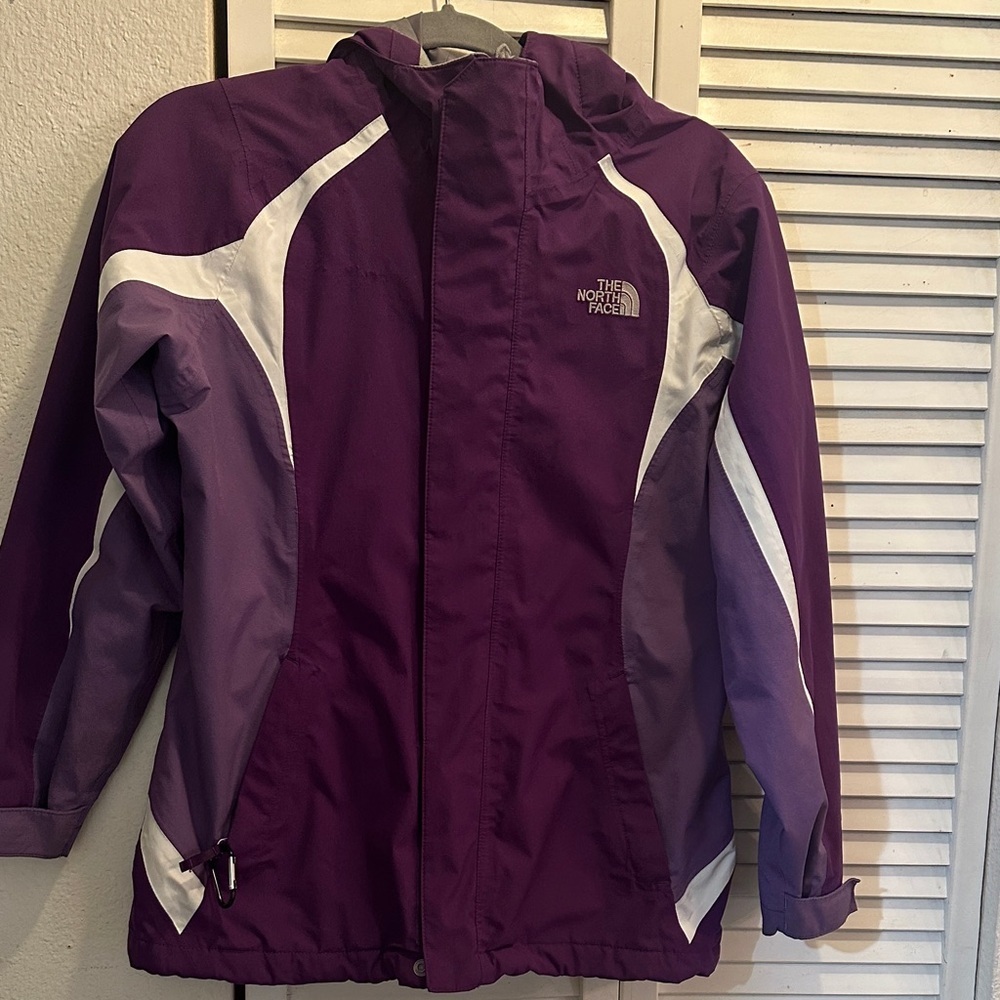 The North Face Girls' Purple and White Hooded Rain Jacket